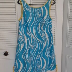 Lilly Pulitzer Turquoise & White Wave Print Tank Dress with Yellow Trim